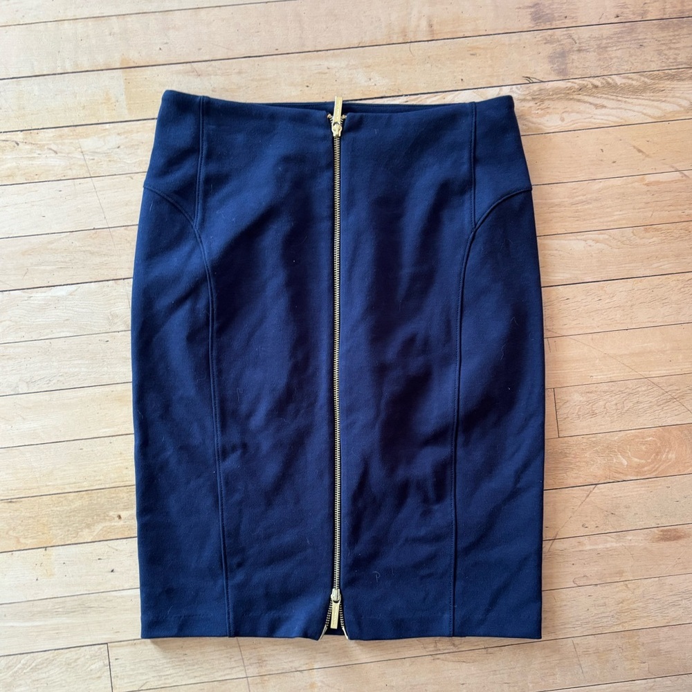 Michael Kors Gold Zipper Navy Pencil Skirt Size 8 (D5526)